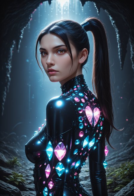 score_9,score_8_up,score_7_up, sorce_real, 8k, hd, (1 girl, brown eyes, high ponytail, bioluminescent latex suit, seij, <lora:Seij-000001:1>), cute and mischievous, black suit, purple details, neon colored glowing particles in the black skin, black skin with neon pink bioluminescence, cinematic light, looking at viewer, dark, night, mysterious atmosphere, floating hearts, beautiful  creatures, flies through a dark stalactite cave at night, bioluminescent icicles on the walls, everything is shrouded in darkness.  <lora:SDXLFaeTastic2400:0.3>, cave by Jed-Cosmos  <lora:Jed-Cosmos-sdxl:0.3>  <lora:ral-swarcrystl-sdxl:0.7> multicolored gemstones made of ral-swarcrystl, black gloves with glowing jewels, side view