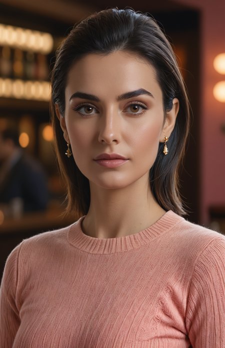 a woman, she is from Armenia, 39 years old, tight crop hair, longing for something, makeup, wearing salmon pink ribbed sweater, by Erwin Olaf, realistic, high detailed skin, shallow depth of field, A lively pub in The witching time of day, (masterpiece, high quality:1.1), (highly intricate details:1.1), (best quality:1.1) (8K, UHD:1.1)<lora:add-detail-xl:1><lora:xl_more_art-full_V1:0.5><lora:RMSDXL_Enhance:2><lora:DetailedEyes_V3.SDXL:1>