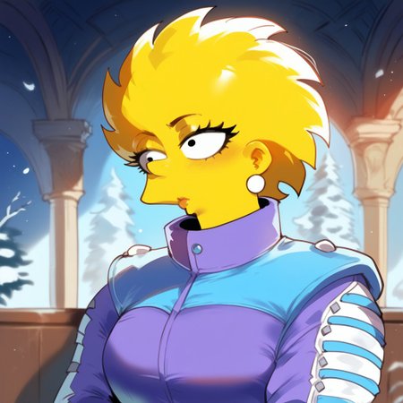 score_9, score_8_up, score_7_up 
   , masterpiece, beautiful,1girl, wide hips, normal breast, solo, Alisasimpson,black eyes,black bead eyes,yellow skin, spiky hair, yellow hair,
pearl necklace,
 ,purple and blue winter jacket,high collar and a zipper, blue stripe jacket, oranga pants, violet shoes,