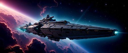 highly detailed dark sci-fi digital painting, epic composition, a colossal, ominous battleship drifts through the cosmic void, its angular silhouette framed against the vibrant, swirling hues of an expansive galactic nebula illuminated by newly formed stars, the battleshipâs intricate design showcases massive laser turrets and powerful engines trailing light, contrasting against a backdrop of dense, colorful gas clouds and distant stars scattered across the vastness of space, the nebula's radiant glow reflects subtly off the metallic, angular hull, casting soft glints and highlighting the shipâs intricate armor plating, which merges elegance with lethality, faint cosmic dust and ethereal nebular tendrils fill the void, lending an otherworldly atmosphere, the battleship dominates the frame, exuding cosmic power and technological might, its sharply angled armor plates give a fierce, imposing look, with massive cannon turrets lined along the hull, casting long, powerful shadows that enhance its formidable presence, the wide-angle, cinematic shot accentuates the battleshipâs massive scale, emphasizing its stark contrast to the colorful nebula, an ethereal, diffused glow emanates from the nebula, casting harsh shadows across the armor plates, while faint blue and purple highlights create a spectral sheen on the metal, shot in high-resolution digital, rich with intricate details, deep, muted colors with high contrast emphasize deep blacks, vibrant nebula hues, and metallic grays, delicate, smooth brushstrokes mimic the flowing nature of the nebula, evoking a timeless grandeur, deep rich colors, color contrast, cinematic, dramatic dutch angle, night blue and bordeaux red and eggshell white and mint green, ovg, in the style of cksx, vibrantnebula, <lora:spaceships-flux-by_chronoknight:0.88> <lora:spacecraft-vibrant_nebula-v2-flux-by_bra2ha:0.6>