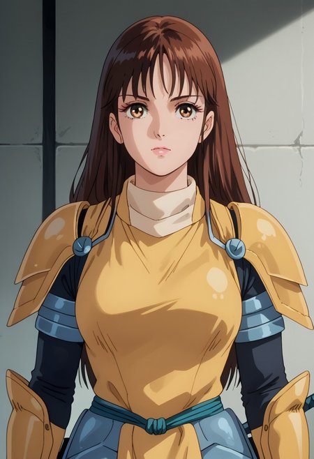 score_9, score_8_up, score_7_up, realistic, fine anime screencap_xl, anime screencap, miakoji, ronin warriors, solo, 1girl, retro, brown hair, 1980s (style), bangs, long hair, hazel eyes, portrait, eye makeup, samurai armor, armor, shoulder armor, gloves, swords,