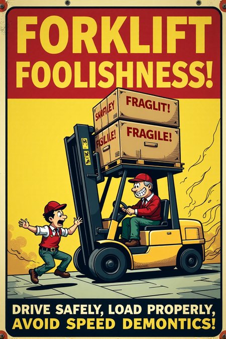"Vintage safety sign illustration of a cartoon forklift driver recklessly speeding around a warehouse corner, laden with a towering, unstable stack of boxes that are clearly exceeding the forklift's safe load capacity and teetering precariously.  The boxes are labeled 'FRAGILE!' and are about to spill.  The forklift driver is grinning manically, with exaggerated motion lines indicating excessive speed and lack of control.  In the foreground, a cartoon warehouse worker with a shocked expression leaps out of the way just in time. The sign text boldly declares: 'FORKLIFT FOOLISHNESS!  DRIVE SAFELY, LOAD PROPERLY, AVOID SPEED DEMONICS!'  Render in a dynamic, vintage cartoon style, employing strong diagonal lines to emphasize speed and danger, using a bold, limited color palette of yellow, black, and danger red to highlight the unsafe actions. Visually stunning vintage cartoon, clear safety warning, high detail in motion blur and precarious box stack." <lora:REMEs_War_Poster_Style:0.9> In REME's War Poster Style,âââ