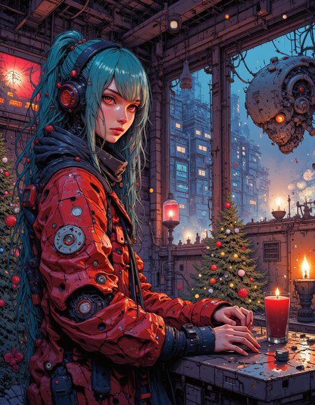 nistyle, hatsune miku as a cyberpunk cyborg girl ,  in a mechanical Christmas living room,  anime style, looking at viewer,
<lora:flux.1_lora_flyway_Epic-detail_v2:0.5>
<lora:CPA:0.7>
<lora:test2:0.7> , <lora:christmas living room-flux-lora:0.5>
