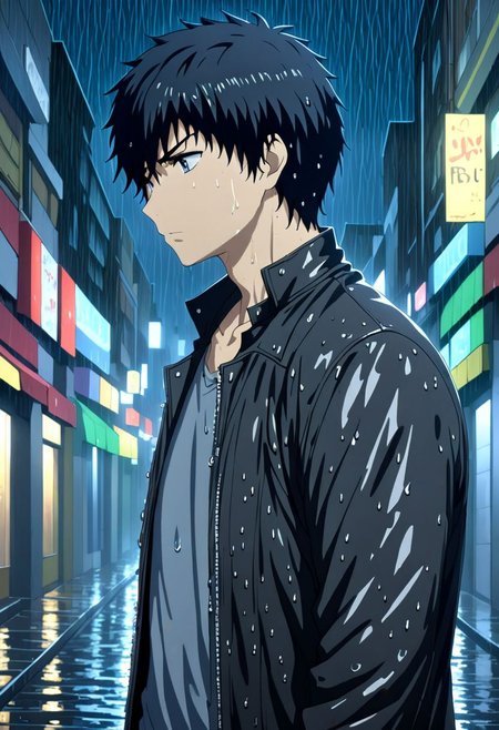high resolution, solo, best quality, 1Boy, Arata Kaizaki, Black Hair, heavy rain, downtown, night, looking down, sad, leather jacket, looking away, wet, wet hair, OverallDetail