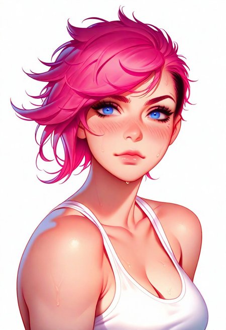 1girl, Vi(League of legends), detailed blue eyes, thin lips, medium breast, muscles, sweat, (abs:0.8),
looking at viewer, seductive, confident, 
(((white background))), portrait,
masterpiece, best quality, very aesthetic,
artist : tsuaii,
