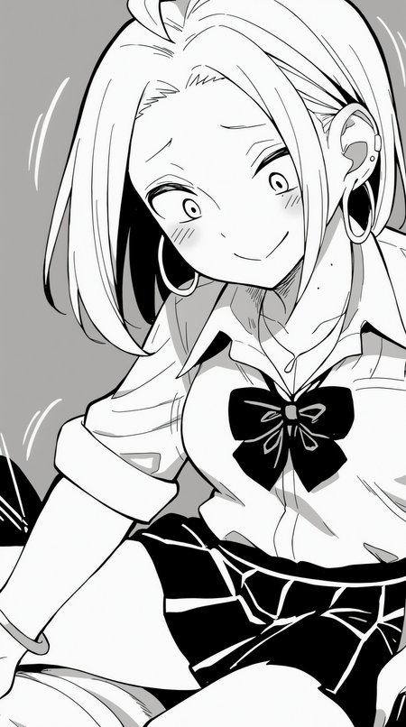score_9, score_8_up, score_7_up, monochrome, manga_source, best background, detailed background, manga, greyscale, monochrome  Misaki Agawa, blush, smile, simple background, shirt, skirt, bow, closed mouth, school uniform, pleated skirt, necktie, solo focus, pants, bowtie, miniskirt, necklace, motion lines, sleeves rolled up, hoop earrings, :>  <lora:JN_Misaki_Agawa_Pony:0.8>