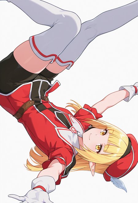Smooth Quality,masterpiece,very intricate, high quality details, ultra realistic, high detailed skin,detailed enviorement,absurdres,
\n/,solo,
 <lora:Rune_Noma_CNR:0.8> rune_cnr, pointy ears, blonde hair, long hair, yellow eyes, blunt bangs, elf, thighhighs, thigh boots, shorts, gloves, red hat, hat feather, beret, short sleeves, necktie,, simple background, white background, sideways,
jumping, arms open, legs bent, smiling, midair,  ,, 0 0,