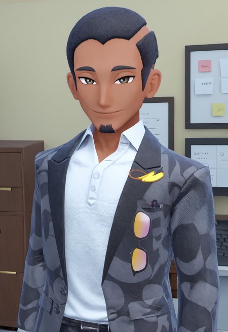 safe_pos, safe_pos, safe_pos, safe_pos, score_9, score_8_up, rating_nsfw, ultra hd, absurdres, best quality, best aesthetic, masculine, solo, 1boy, male focus, perfect proportions, handsome, erotic, alluring, mature male, coloured

PokeSalvatore, dark-skinned male, black hair, short hair, facial hair, goatee, shirt, jacket, eyewear hang, office background, looking at viewer, smiling, Expressiveh, bedroom eyes, flirty eyes
