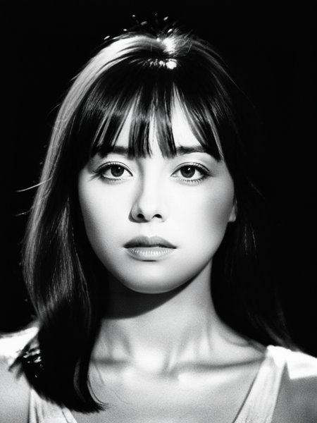 Best Quality, Masterpiece, Ultra High Resolution, (Film Granues: 1.4), Bangs, Film Lighting, (Fujicolor: 1.2) Bust Portrait,
Close-up of face, clear pores, 1 girl, looking at the viewer, black background (photorealistic: 1.2) black and white portrait