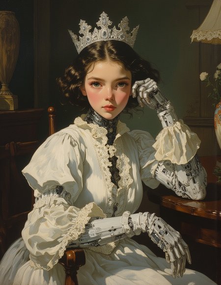 oil painting of HBClaflin style of a graceful young android princess in Victorian dress, sitting at an antique table in the living room over a Victorian house. Her arms, hands, and neck are robotic. She wears a silver and crystal crown. She is graceful, poised, and sure of herself. Her delicate face has a soft yet confident expression with a slight smile, her eyes focused and alluring. She looks like a fashion model. Masterful painting, oil on canvas, Focus on the girl, shadow and light, Masterpiece, intricate lines, intriguing atmosphere, sharp magnificent details, delicate features, elaborate details, (2\3 rule composition:0.5), ultra detailed, romantic, Rembrandt lighting, brush stroke, lovely, del1cate_balance style, in the style of Rembrandt. vantablack <lora:style_of_Rembrandt_FLUX_135:.8> <lora:- Flux1 - vanta_black_V2.0:.6> <lora:Delicate_Balance:.3> <lora:neeeg_f1:-1> <lora:Midjourney_Whisper_Minimal:.3> <lora:H. B. Claflin:.6> <lora:CPA:.8>