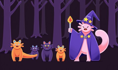 wh1m5y_style flat illustration, axolotl, axolotl dressed as a wizard, casting a spell in a dark forest, magical creatures<lora:Axomodel_Flux_V2.safetensors:0.5:0.5> <lora:wh1m5y_style flat illustration__FLUX.safetensors:1:1>