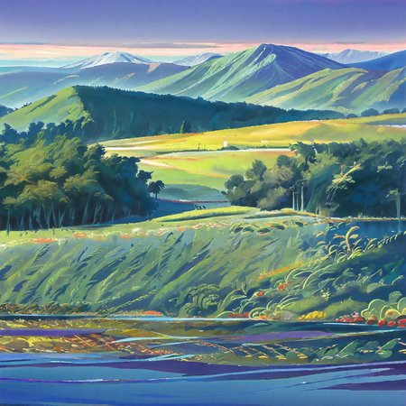 Bob_marshall_wilderness. Mountain range, lake, river, landscape, no_humans, monet_style
