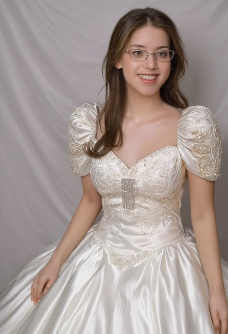 realistic photo of Beautiful young woman, perfect medium perky natural breasts, 2009 style, low rise, low contrast style, 8mm film, analog photography style, long brown hair, sharp facial features,thick nerdy glasses, pale white skin, , influencer, brown eyes, no makeup, instagram, detailed skin texture, detailed eyes, detailed face, slim, (small waist, wide hips, thick thighs:1.2), (sexy wedding dress:1.3), happy, smiling, juicy ass,