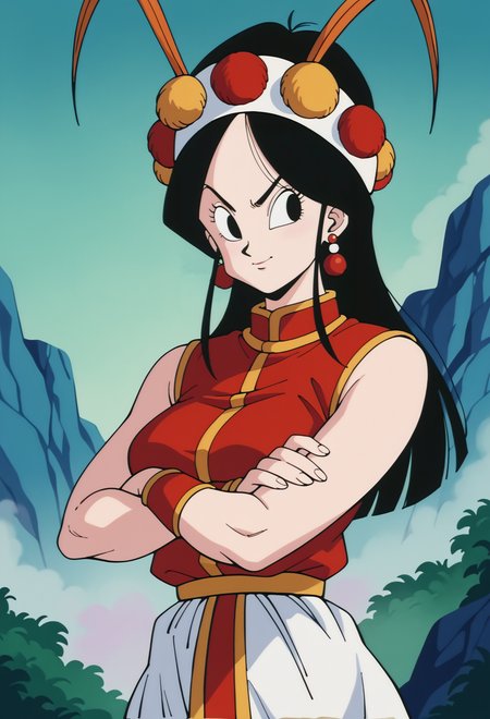 score_9,score_8_up,score_7_up,score_6_up, BREAK annin, retro artstyle, 1girl,upper body,portrait, solo, black hair, black eyes, medium breasts, red vest, white skirt, white headband, pom pom \(clothes\),orange fake antennae,looking at viewer,, blue cliff,blue wall, fog, crossed arms,white vertical stripes,red earrings,red bracer,sleeveless,  <lora:AnninPony:1>