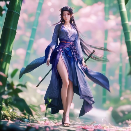 <lora:ponyyunxiao2v:1>,yunxiao,score_9,score_8_up,score_7_up,looking at viewer,full body,pruple hairï¼bamboo forest,