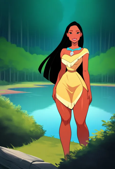 masterpiece, best quality, very aesthetic, absurdres,
1girl, pocahontas, smile, dark skin, long hair, necklace, dress,
medium breasts, narrow waist, wide hips, thick thighs,
hands on hips, looking at viewer, cowboy shot, wide shot, solo, forest, lake, dutch angle <lora:PocahontasNoobXL_byKonan:1>
