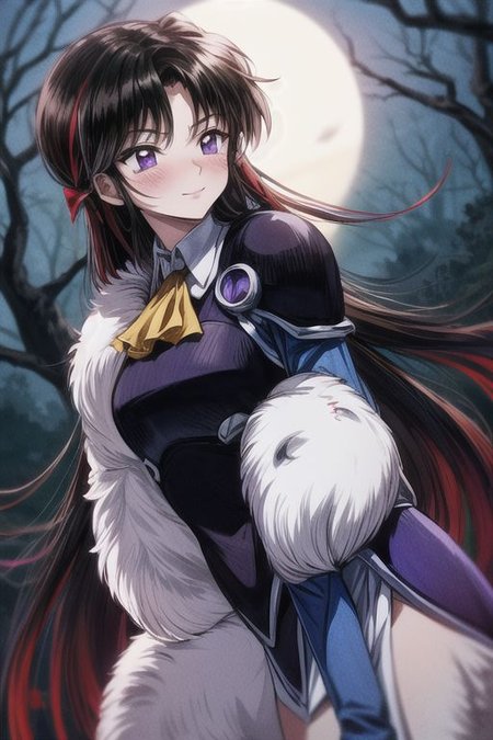 masterpiece,  best quality 1girl Setsun4 solo long hair,  (night time) forest background black hair very long hair purple eyes multicolored hair armor (fur trim) (medium body),<lora:EMS-179-EMS:0.800000>,<lora:EMS-293862-EMS:0.800000> bow, hair_bow, hair_tubes, red_bow, brown_hair, long_hair, bangs, ascot, frilled_bow, yellow_ascot, blush, smile, hair_between_eyes, athletic, armor