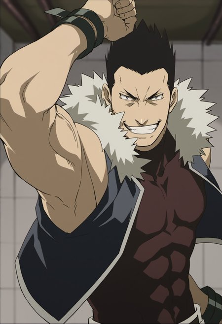 1boy, Greed_fma, very short hair, veiny arms, tight dark red shirt, sleeveless, black vest, open vest, fur trim, score_8_up, score_7_up, score_6_up, score_9_up, manly, muscular, muscle, a muscular man in warehouse,  centered, looking at viewer, face_focus, detailed eyes, 8k uhd, high quality, anime color,grin,fight pose