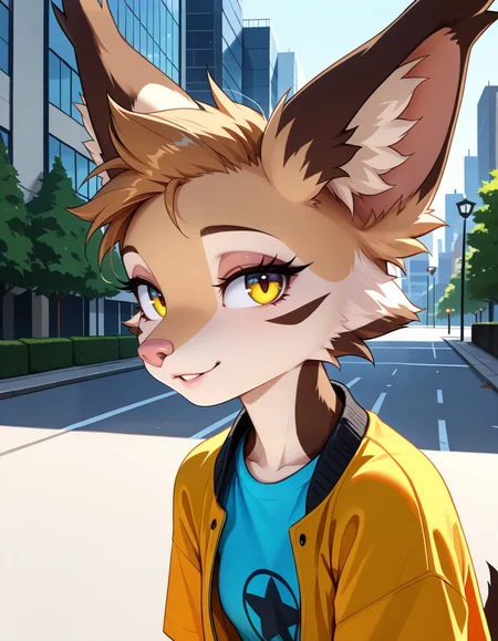 masterpiece, best quality, very aesthetic, absurdres,
outdoors, casual, t-shirt, open jacket, 
upper body, posing, face focus,
seductive smile, parted lips, long eyelashes,
 <lora:Catherine_v01_NAIXL:1>
C4th3r1n3,1girl,solo,furry,furry female,animal ears,animal ear fluff,short hair,brown hair,yellow eyes,snout,animal nose,body fur,multicolored fur,tail,