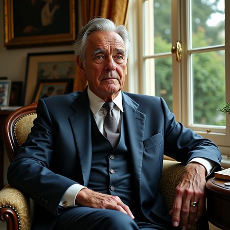 The portrait is a stunning depiction of an elderly man, who appears to be in his late 60s or early 70s, sitting in a well-appointed room near a window. The man's face is a roadmap of life's experiences, with deep wrinkles and creases etched into his skin, telling stories of a lifetime of emotions and events. His eyes are a piercing blue, full of wisdom and intelligence, and they seem to gaze off into the distance, lost in thought.
The man is dressed in a sharp suit, with a crisp white shirt and a muted tie. His gray hair is neatly combed back, revealing a high forehead and a strong jawline. The man's posture is impeccable, with his back straight and his shoulders squared. He holds himself with a quiet dignity and confidence that comes from a lifetime of accomplishments.
The room around him is tastefully decorated, with elegant furnishings and thoughtful touches. A plush armchair sits nearby, with a small table next to it holding a cup of tea and a well-worn book. The walls are adorned with paintings and photographs, telling the story of the man's life and interests. A large window overlooks a lush garden, with sunlight streaming in and casting a warm glow over the room.
The overall effect of the portrait is one of quiet strength and understated elegance. The man's age and wisdom are evident, but so is his vitality and spirit. The portrait is a testament to a life well-lived, and a reminder of the beauty and dignity that comes with age and experience.