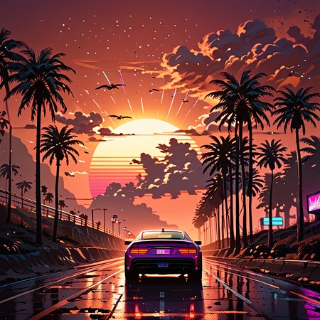 synthworld, vaporwave, car, highway, sunset, palm trees, pony_lazyup, pony_zPDXL3, score_9, score_8_up, score_7_up, s masterpiece, very aesthetic, absurdres, <lora:pony_synthworld_V2:1.0>