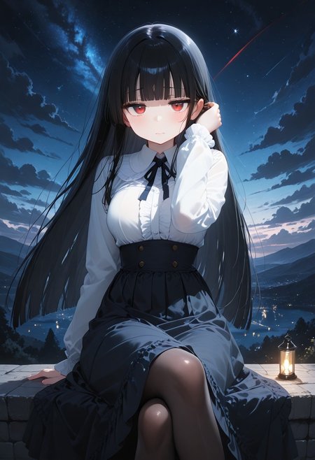 (masterpiece, best quality, newest, absurdres, highres),(anime coloring), 1 girl, long black hair, straight hair, blunt bangs, hime cut, red highlight, steaked hair, red eyes, eyelashes, eyeliner, mole, virgin killer outfit, white shirt, long skirt, pantyhose, slim body, big bust,  jitome eyes, blush, disgusted face, adjusting hair, outdoors, dark background, star \(sky\), cloud, light particles, glowing, firefly, looking at viewer, sitting, on_wall, crossed legs, amazing quality, highres, very aesthetic, absurdres, newest, scenery