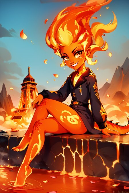 score_9, score_8_up, score_8,   BREAK, , zzLavaGirl, black scales, colored skin, monster girl, orange skin, fire, fiery hair, red skin, molten rock, red hair,  <lora:Lava_Girl_PDXL:1.0>,  , BREAK, zzEiffelTower in background, sitting, watercraft, boat, sitting on wall, side view, looking at viewer, smile, ,,, BREAK, blooming stars, luminescent petals, otherworldly fragrance blurry background, ,,, embedding:zPDXL, Expressiveh, ,,, <lora:EiffelTowerPDXL:0.8>, <lora:CatalystStylePDXL:0.6>, <lora:SDXLFaeTastic2400:0.5>, <lora:Expressive_H-000001:0.4>,