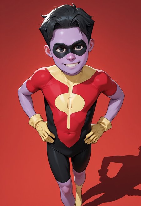 masterpiece, absurdres, high quality, perfect anatomy, 1boy, solo, cute boy, young, male focus, Oliver_Grayson, Purple Skin, Colored Skin, Black Hair, Black Eyes, Domino Mask, Superhero Costume, Yellow Gloves, smile, parted lips, hands on hips, cinematic, intricately detailed illustration, depth of field, masterpiece, best quality, amazing quality, very aesthetic, absurdres, newest, very awa,  shadow, dynamic angle, casual cosplay, dynamic pose, simple background, red theme,