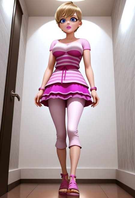illustriouslogan, solo, Rose Lavillant, blonde hair, short hair, pixie cut, bangs, blue eyes, eyeliner, pink lipstick, magenta dress, short sleeves pink stripes, magenta stripes, pink mini skirt, light pink lacy hemlines, white capris pants, pink bracelets, pink sandals with brown soles, large breasts, standing, close up, from below, full body, indoor bathroom, white wall, brown floor