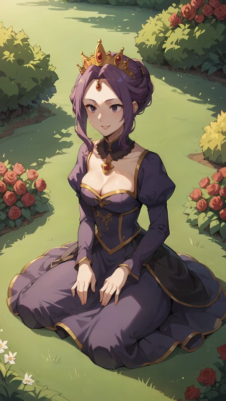 score_9,score_8_up,score_7_up,score_6_up, source_anime, zPDXL, <lora:Mirelia Q - Pony:0.7>, woman, purple hair, purple eyes, crown, purple dress, gold details, long sleeves, royal dress, high collar, puffy sleeves, <lora:Wakfu_CartoonV02:0.5>, <lora:xl_more_art-full_v1:0.5>, rose garden, grass, garden, park, figure four sitting, smile, parted lips,