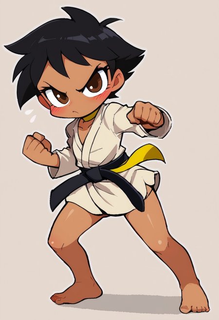 score_9, score_8_up, score_7_up, BREAK, adult, makotoxl, black hair, brown eyes, brown skin color, --- short hair, or spiked hair,short hair, yellow ribbon choker, black belt, or martial arts belt, white dougi, or Gi, - barefoot, flat chest, medium size butt, medium size hips, cute blush,[ Cute Toon | Lora Style ~✨, ng_deepnegative_v1_75t, squat, fighting pose, knee on ground, (CSPNY1:1.0
