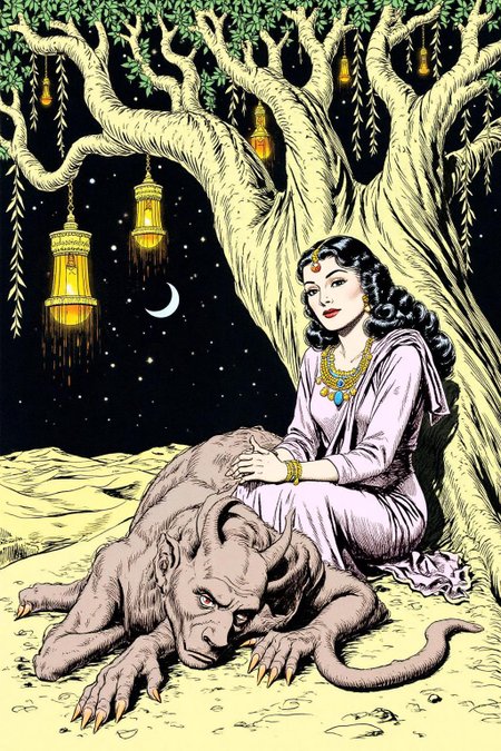 alexray1 drawing
a scene from Arabian Nights, rendered in intricate, colorful detail. A beautiful woman and a sleeping demon. The woman sits gracefully under a sprawling tree with lush, curving branches and hanging vines. She has striking, almond-shaped eyes, dark flowing hair, and wears elegant traditional attire with ornate jewelry that glimmers softly under the moonlight. Her expression is calm and serene as she gazes thoughtfully into the distance. Resting his head gently on her lap is a large demon with a powerful, otherworldly presence. The demon, though fearsome in size, appears vulnerable as he lies beside her. His skin has a muted, earthy tone, and his features--sharp and beastly--are softened by a look of weary contentment. His claws are retracted, and he exudes a mixture of strength and peace in her presence. The tree's twisted branches arc above them, framing the scene like a natural canopy. Golden lamps hang from the tree, casting warm, soft light, illuminating the two figures in a magical glow. The background is a deep, starry night, with hints of distant desert dunes and a crescent moon overhead, creating an enchanting and mystical ambiance that draws the viewer into this world of fantasy and myth.  <lora:alexray1_nocap_d6a3:1.0><lora:815512911385611668:0>