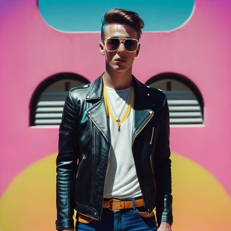 (Lomography style:1.3) photo of a stylish moroccan man, wearing (Aesthetic of Rocker: Distressed jeans, band tee, leather jacket, sunglasses) showing off his new clothes, upper body framing in a thematic environment with soft bounced lighting, eye level angle on a Diana F+ with (Lomochrome color film:1.5)