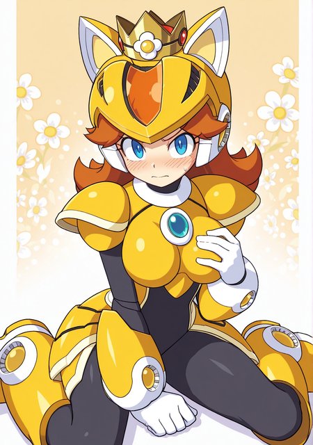 masterpiece,best quality,amazing quality, XOVER, robot armor, black bodysuit, cat ears helmet, wrist armor, shoulder armor, chest armor, waist armor, blue gem, leg armor, robot ears, white gloves, solo, orange armor, yellow armor, armor gem, princess daisy, orange hair, large breasts, abstract background, flower print background, looking at viewer, embarrassed, one arm on chest,  side glance, sitting, wariza, (mega man x:0.6)