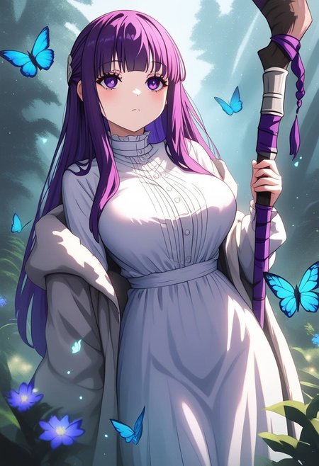 fern \(sousou no frieren\), 1girl, blue butterfly, breasts, bug, butterfly, closed mouth, dress, holding, holding weapon, insect, large breasts, light particles, long hair, mage staff, outdoors, purple eyes, purple hair, robe, , solo, staff, weapon, white robe, msk12003, masterpiece, best quality, very aesthetic, absurdres