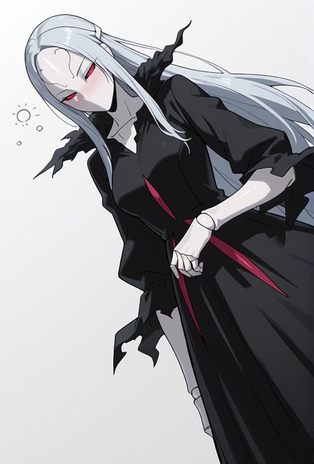 Smooth Quality,masterpiece,very intricate, high quality details, ultra realistic, high detailed skin,detailed enviorement,absurdres,
simple background, white background, 
dutch angle,drunk, half-lidded eyes, faint smile,,solo,
 <lora:Berettacnn:0.8>  beretacnn,1girl, long hair,red eyes, (mask:1.1), black dress,silver hair, doll joints, no humans, no mouth,