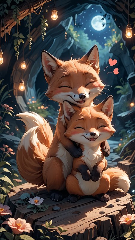 score_9, score_8_up, score_7_up, score_7, score_6_up, score_5_up, 2 chibi foxes hugging each other, joy, cuteness overload, they are in a wood, cave, night, starry sky, the moonlight casts light and shadows on the cute ones faces of the two foxes, cuteness overload, floating heart, closed eyes