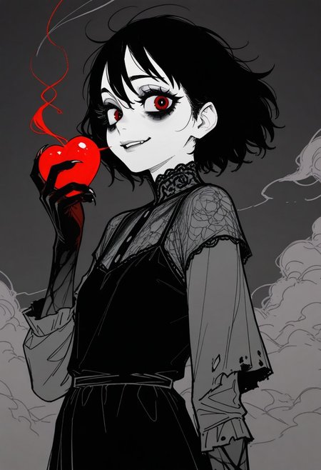 tfaix
bags under eyes, big eyes,  (black eyeshadow:0.8),  thick eyelashes, 
monochrome, greyscale, 
upper body, short hair, messy black hair, hair blowing in wind, mouth open. mist rising in clouds, glowing red eyes, black lace dress torn sleeves, from side, sideways glance, looking at viewer, smirk, from below, hand raise, clawed hand, monster hand, holding a heart,
masterpiece, best quality, amazing quality,
sketch, unfinished, messy lineart, 
horror \(theme\), 
(in style of fujimoto tatsuki \(style\),:1.2) (norakura \(nr kura\):1.2),