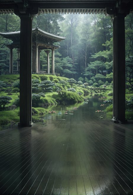 ,ruanyi1163,wooden floor,plant,pond,tree,Pillar,<lora:1163 Japan sketches_v1_pony:0.9>, score_9,score_8_up,score_7_up,,8k,1girl,solo,,