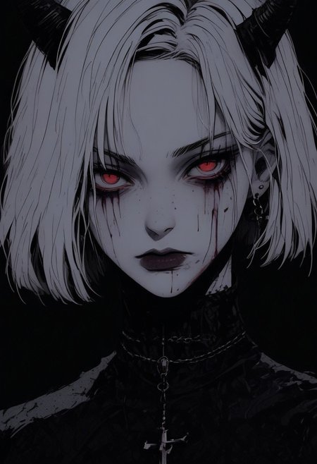 score_9, score_8_up, score_7_up, flat color, blood dripping from mouth, demon girl, demon horns, gthan, gothic, jewelry, red eyes, eyes glowing like leds, solo, blood, earrings, cross, 1girl, black background, looking at viewer, portrait, short hair, necklace, blood on face, cross necklace, simple background, spot color, closed mouth, white hair, cross earrings