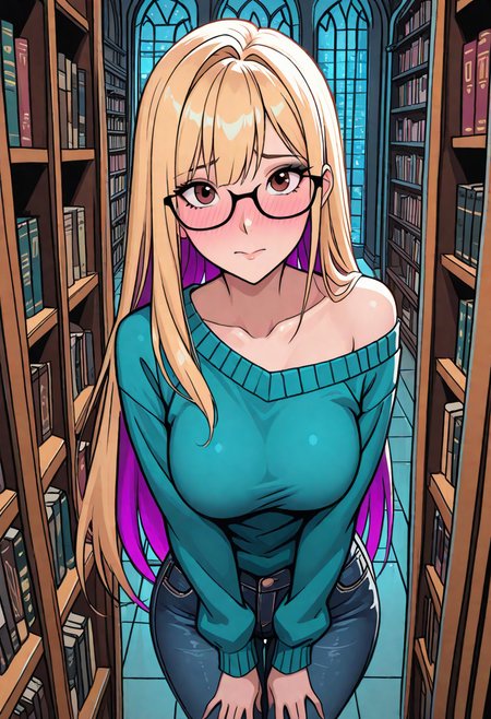 masterpiece, best quality, (stylized, very aesthetic:1.2), (anime:1.2), in the style of cknc, Paradise, DISNEY_ANIMATION, perfect body, perfect eyes, extremely detailed eyes and face, 1girl, long hair, ((straight hair)), ((purple highlights in hair, blonde hair)), brown eyes, black eyeliner, medium breasts, saggy breasts, black glasses, thick glasses, looking at viewer, indoors, nerdy, night, library, shy expression, cute pose, (teal sweater, jeans), slightly flustered expression, blushing cheeks, above view, standing, off shoulder, <lora:Disney_Animation_v5-V7:0.45>  <lora:Paradiso_-_Illus_x_Niji Remix:1.2>  <lora:ck-nc-cyberpunk-IL:0.3>