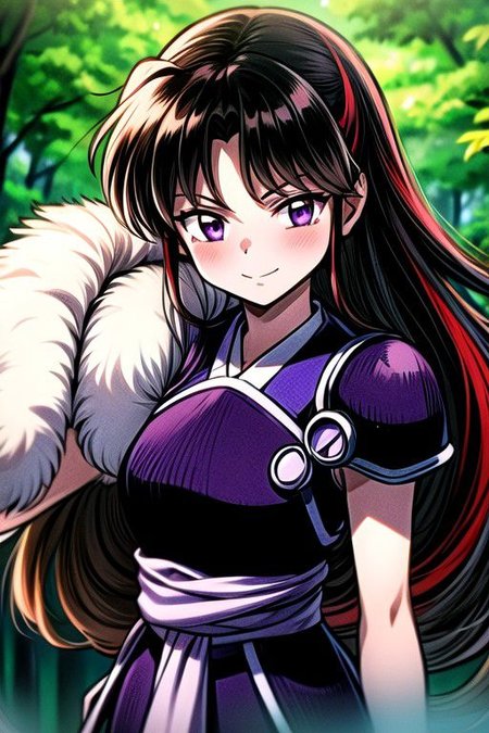 masterpiece,  best quality 1girl Setsun4 solo long hair,  (night time) forest background black hair very long hair purple eyes multicolored hair armor (fur trim) (medium body),<lora:EMS-179-EMS:0.800000>,<lora:EMS-293862-EMS:0.800000> bow, hair_bow, hair_tubes, red_bow, brown_hair, long_hair, bangs, ascot, frilled_bow, yellow_ascot, blush, smile, hair_between_eyes, athletic, armor, miko