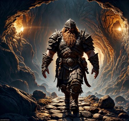 RAW photo, (masterpiece:1.3), subsurface scattering, heavy shadow, (high quality:1.4), (intricate, high detail:1.2), professional photography, HDR, High Dynamic Range, realistic, ultra realistic, photorealistic, high resolution, film photography, ambient lighting, atmospheric effects, <lora:detail_slider_v4:2>, OverallDetail, a dwarven warrior in intricate armor, walking on a stone bridge in a huge underground cave, dwarven mine, Moria,  <lora:Bridge:0.65>, dwarfwarrior, <lora:DwarfWarrior:0.4>, looking at viewer, epiCPhoto
