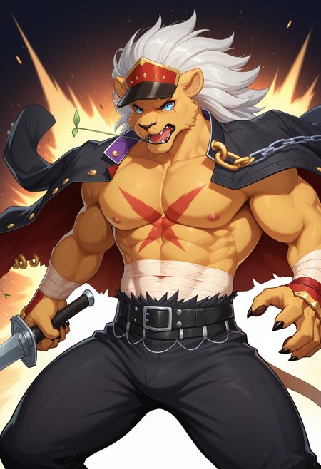 masterpiece,best quality,amazing quality, 1boy, solo, b4nch0, lion boy, bandages, belt, black pants, hat, jacket on shoulder, stalk in mouth, attack, short_sword, cowboy_shot, 