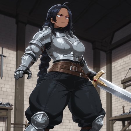masterpiece,best quality,amazing quality, absurdres,  
1woman, solo), deep red eyes, very long hair, black hair, (braid), mole under right eye, (dark skin:1.5), big butt, (large breasts:1.7), (thick thighs:1.5), (muscular:1.2), amazing abs, curvy, busty, fit, shiny skin, glistering skin, serious, focused, (knight), black clothing, black turtleneck,(grey armor), (black baggy pants:1.5), (oversized pants:1.3), belt, shoulder pads, chestplate, breastplate, gauntlets, sabaton boots, swinging huge long sword, training, dueling room, medieval, medieval fantasy, BokunoHeroStyle