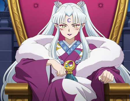 general,highres, ultra-detailed,very aesthetic,best quality ,best hands,  BREAK  <lora:Sesshomaru_no_Haha_IS:1>
Sesshomaru_no_Haha,pointy ears, japanese clothes, 1girl,solo, facial mark, kimono, white hair, long hair, 
yellow eyes, makeup, lipstick, forehead mark, crescent, necklace, fur, jewelry, purple lips, ponytail, twintails, fur trim, anime coloring, hair ornament, wide sleeves,
throne, throne, sitting,fearless smile,