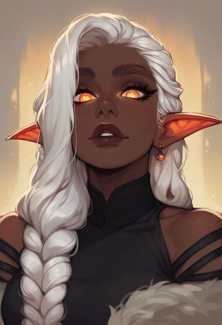 score_9, score_8_up, score_7_up, (elf warlock:1.2), pointed ears, (black clothing with glowing red accents:1.2), solo, dark skin, white hair, brown eyebrows, freckles, (big lips:0.6), makeup