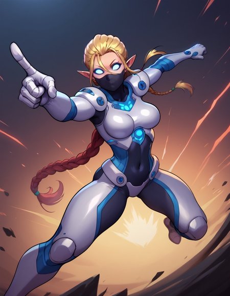 score_9, score_8_up, score_7_up, score_6_up, blackmyst-dh BREAK, dynamic angle, dynamic pose, action pose, long hair, breasts, 1girl, armor, medium breasts, navel, medium breasts, very long hair, single braid, pointy ears, bodysuit, mask, glowing, pointing, braided ponytail, mouth mask, no pupils, blank eyes, science fiction  <lora:Artist_Style_-_Blackmyst_Drowtales_PDXL:0.7>