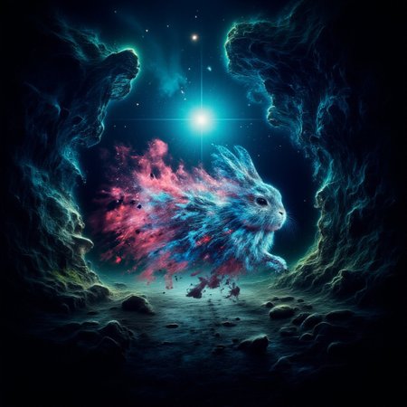 An image of a dystopian jungle at night in Blade Runner style with neon fluorescent dust, a cyberpunk rabbit with reflective skin sits directly centre of image slowly dissolving into space, ral-dissolve.