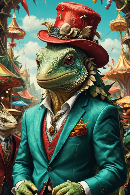 Detailed digital portrait of an anthro Iguana (Holding a hat stylishly) at a Virtual reality carnival with mind-bending attractions, <lora:xl_more_art-full_v1:0.5>,  <lora:The_Crazy_Style:0.7> <lora:anthro_muscular:0.7>